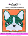 Woollypetals Beatrice Bulldog FPP quilt block with green patterned face on orange background