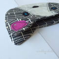 Woollypetals Cat Pouch in black and white geometric fabric with pink zipper