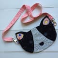 Woollypetals Cat Pouch in black, white, and pink fabrics with strap