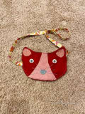 Woollypetals Cat Pouch in red and pink fabric with striped strap