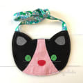 Woollypetals Felt Cat Purse with black face, pink nose, and green floral strap