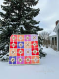Woollypetals Hearts All Around Quilt with X Star blocks in the snow