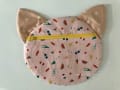 Woollypetals Pig Pouch with tan ears and pink party-print fabric