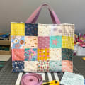 Woollypetals To the Stars FPP Pack patchwork tote bag with purple handles