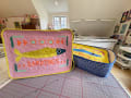 Woollypetals Sardine Tin FPP quilt with yellow fish on pink background