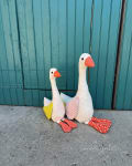 Woollypetals Silly Goose stuffed geese with colorful fabric wings and beaks