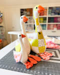 Woollypetals Silly Goose stuffed geese in fabric with colorful patterned wings and beaks