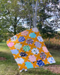 Woollypetals Floored quilt with colorful star blocks and gold sashing
