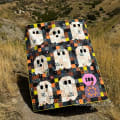 Woollypetals Ghost Party quilt with white ghost blocks and colorful patchwork