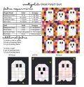 Woollypetals Ghost Party quilt pattern with colorful patchwork and white ghost appliqués