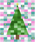 Woollypetals Oh Christmas Tree quilt with green tree and colorful patchwork blocks