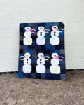 Woollypetals Do You Want to Sew a Snowman Quilt with six white snowmen on navy patchwork background