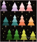 Woollypetals Enchanted Forest quilt with colorful triangle trees on black starry background
