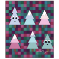Woollypetals Enchanted Forest quilt with triangle trees on colorful checkered background