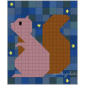 Woollypetals Squirrel quilt in pink and brown fabric on blue background