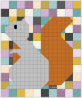 Woollypetals Squirrel quilt with orange and gray patchwork blocks