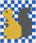 Woollypetals Squirrel quilt in yellow, gray, and blue on checkerboard background