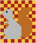 Woollypetals Squirrel quilt in gray, orange, red, and yellow