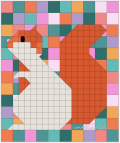 Woollypetals Squirrel quilt in orange, teal, pink, and cream fabrics