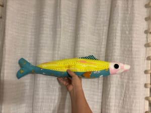 Woollypetals Sardine Pillow in yellow, blue, and pink fabrics