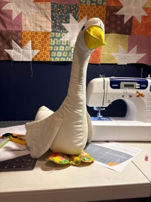 Woollypetals Silly Goose stuffed pattern displayed on sewing table