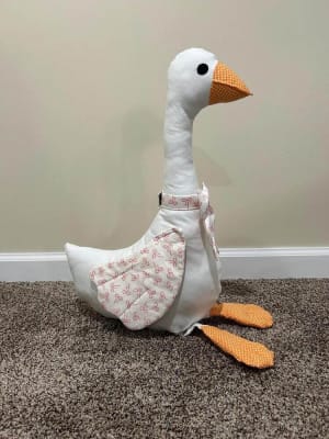 Woollypetals Silly Goose stuffed fabric goose with white body and orange beak