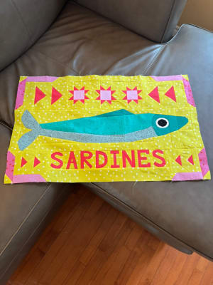 Woollypetals Sardine Tin FPP quilt with yellow, pink, and turquoise fabrics