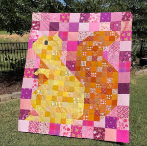 Woollypetals Squirrel quilt with pink, yellow, and orange patchwork blocks displayed outdoors