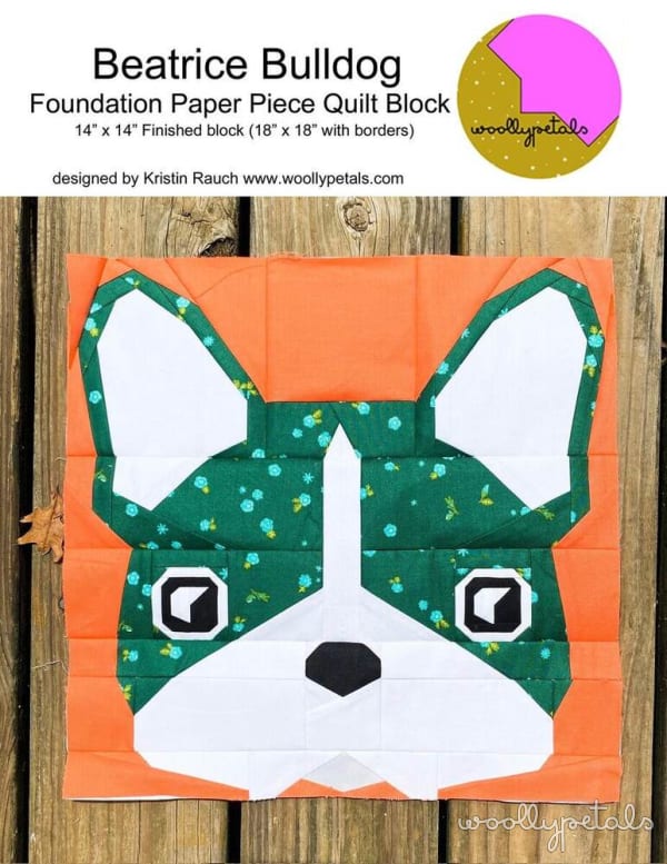 Woollypetals Beatrice Bulldog foundation paper pieced quilt block with green and white face on orange background