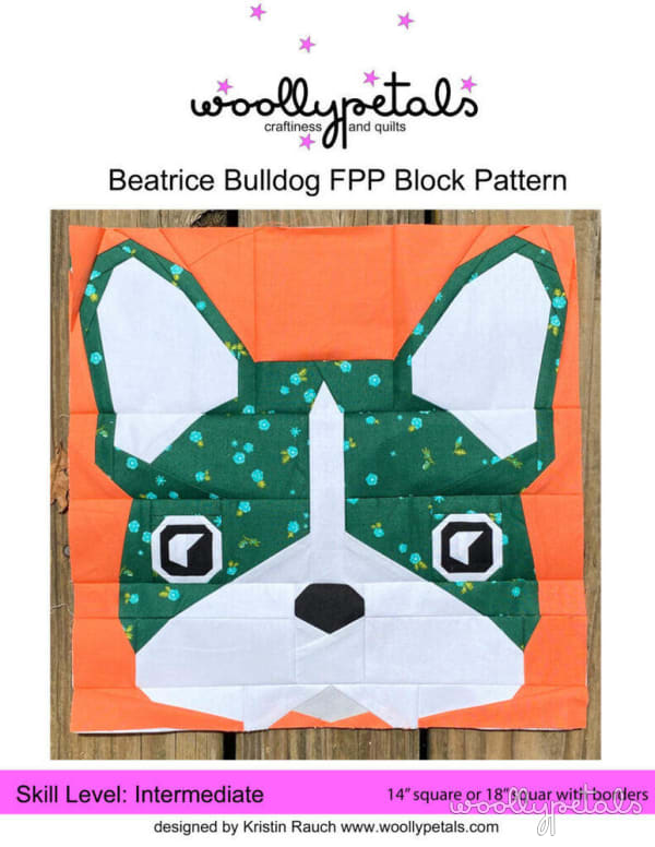 Woollypetals Beatrice Bulldog foundation paper pieced quilt block with green and white face on orange background