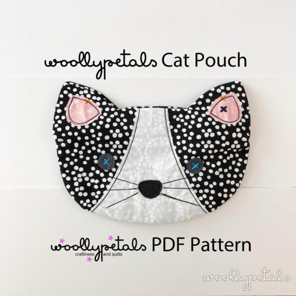 Woollypetals Cat Pouch with black polka dot fabric and pink ears
