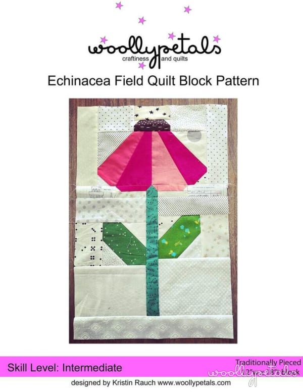 Woollypetals Echinacea Field quilt block with pink petals and green leaves