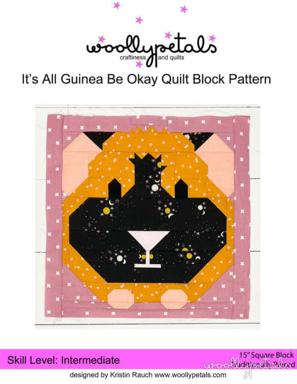 Woollypetals It's All Guinea Be Okay quilt block with orange, black, and pink fabrics