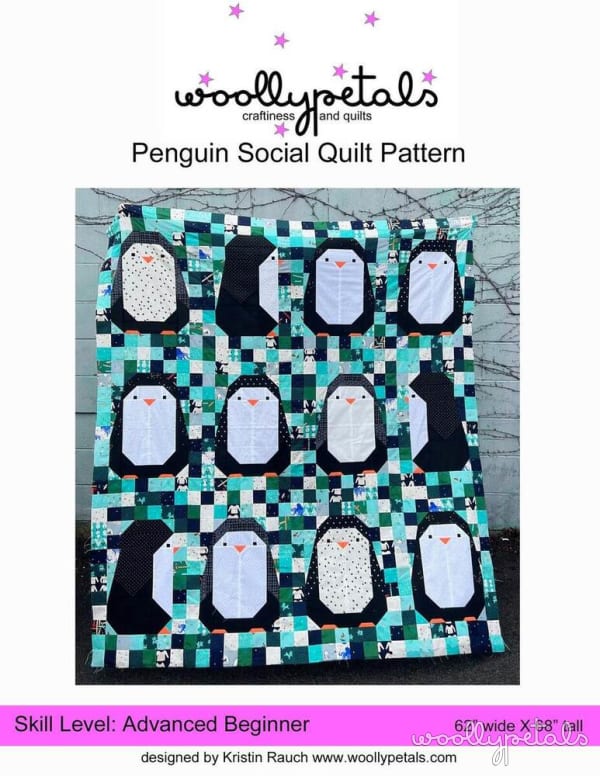 Woollypetals Penguin Social Quilt in turquoise, navy, and white patchwork