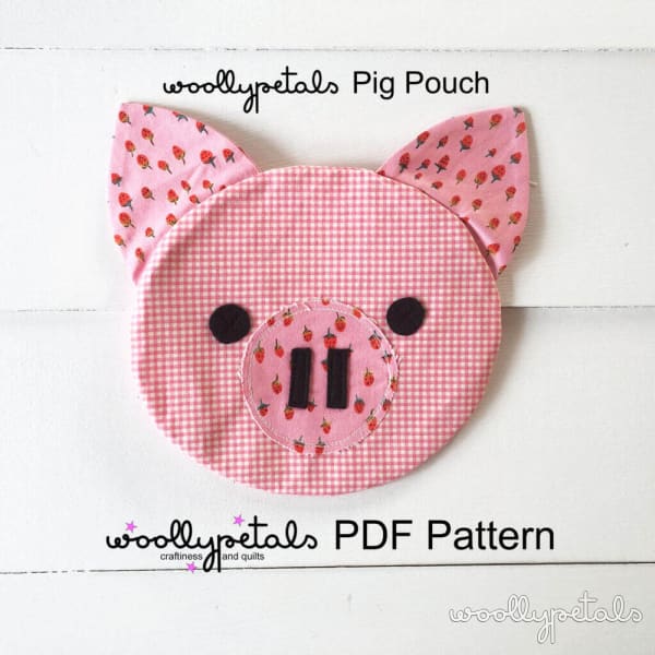 Woollypetals Pig Pouch in pink gingham with strawberry print ears