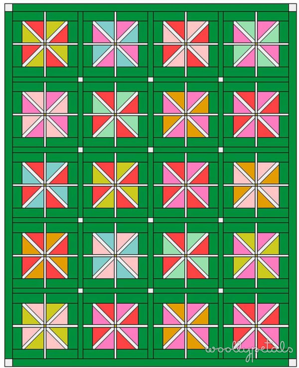 Woollypetals StarFlake quilt block pattern in bright multicolored fabrics