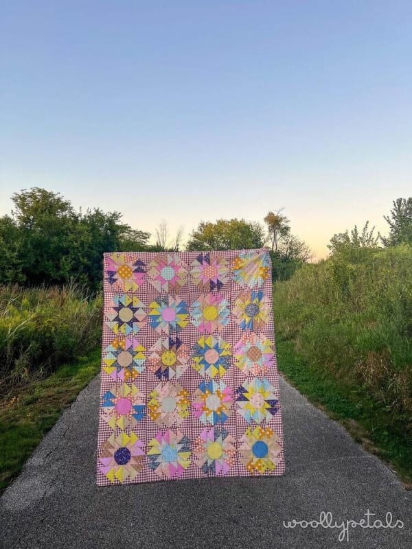 Woollypetals Stargeese Quilt displayed outdoors on a rural path