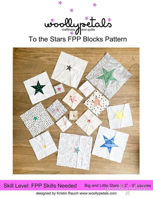 Woollypetals To the Stars FPP Blocks Pattern with various foundation paper pieced star blocks