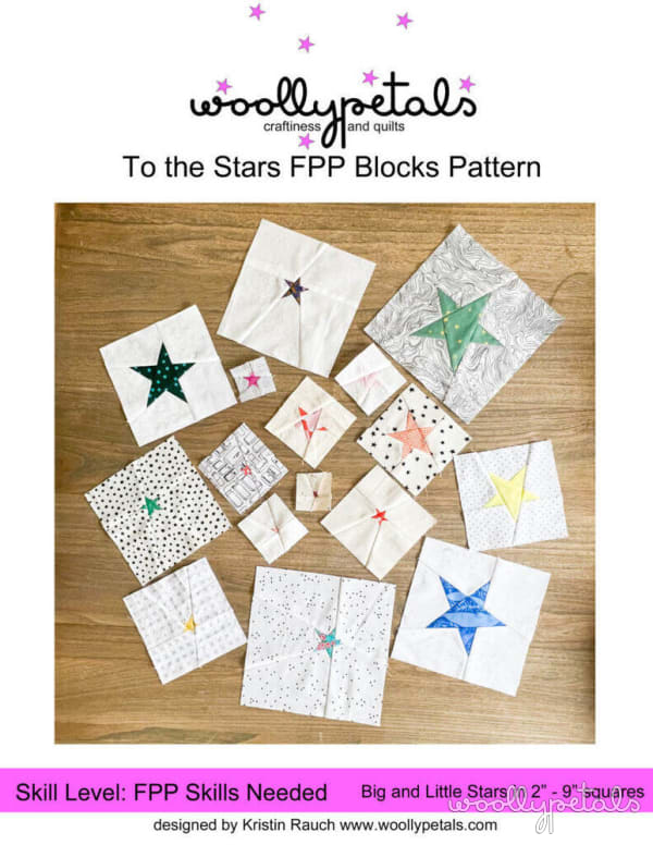 Woollypetals To the Stars FPP Blocks Pattern with various foundation paper pieced star blocks