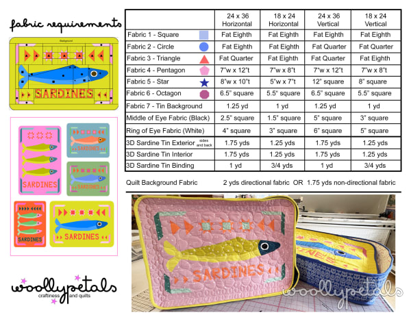 Woollypetals Sardine Tin FPP quilt pattern in four colorway variations