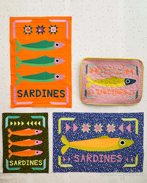 Woollypetals Sardine Tin FPP quilt pattern in four colorway variations