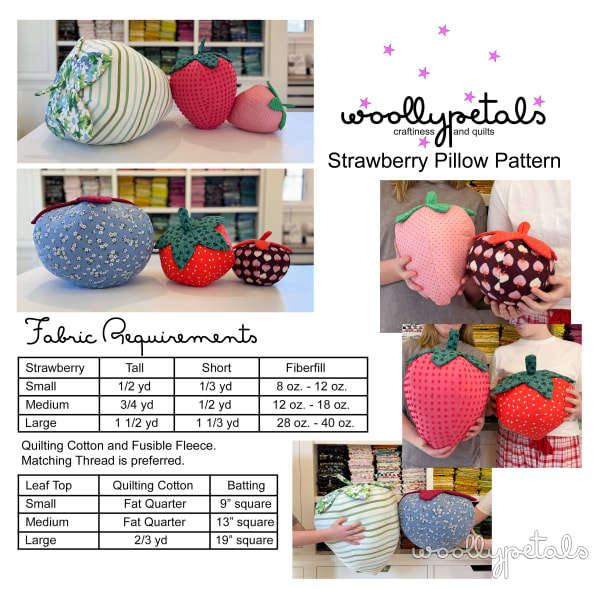 Woollypetals Strawberry Pillow stuffed projects in pear and strawberry shapes