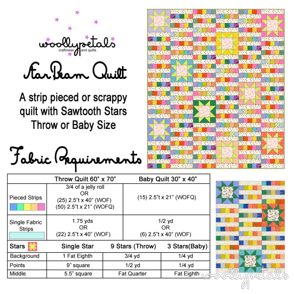 Woollypetals StarBeam quilt with pink, blue, and green star blocks