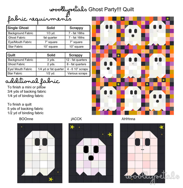 Woollypetals Ghost Party Quilt with colorful fabric patchwork and white ghost appliqués