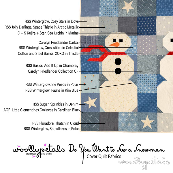 Woollypetals Do You Want to Sew a Snowman quilt with labeled fabric choices