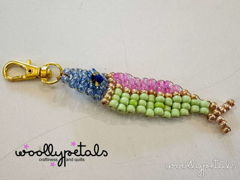 Woollypetals Beaded Sardine Charm with blue, pink, and green beads