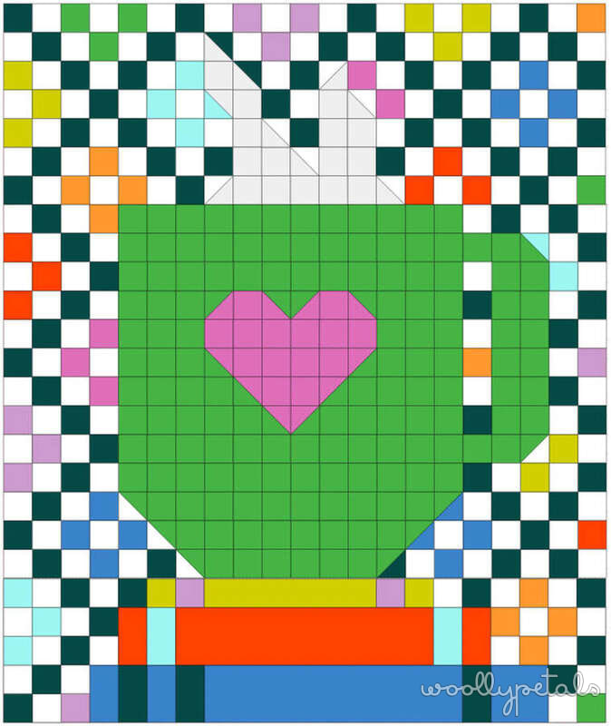 Woollypetals Book Date Patchwork Quilt with pink heart and colorful patchwork blocks