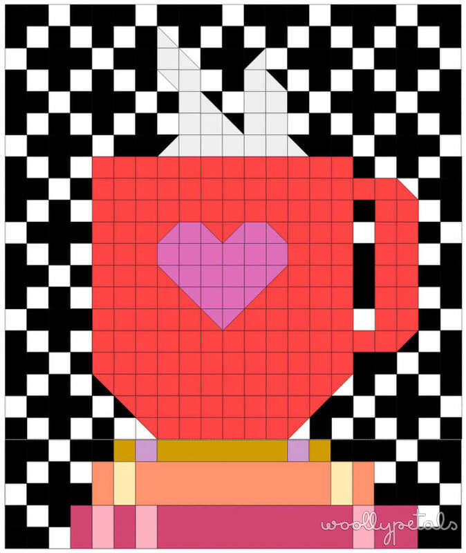 Woollypetals Book Date Patchwork Quilt with red book, purple heart, and pink base