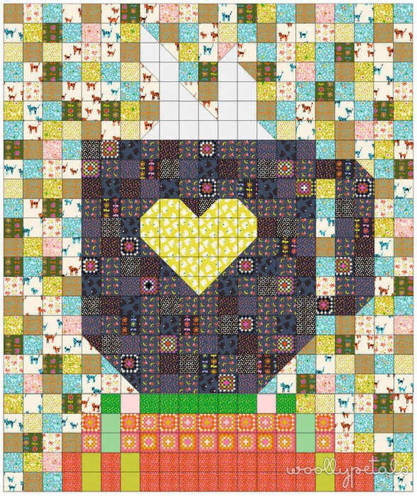 Woollypetals Book Date Patchwork Quilt with yellow heart and colorful patchwork borders