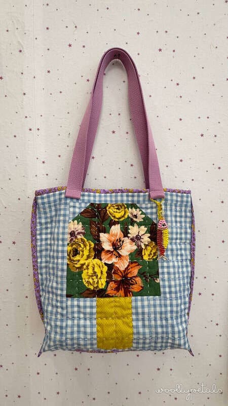 Camp Mushroom tote bag with blue gingham fabric and floral appliqué mushroom cap